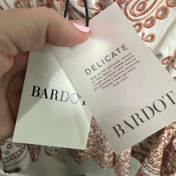 Bardot Eliza Eyelet Ruffle Mini Dress Size 6 White Pink Preppy Brunch Cotton NWT - Picture 10 of 13